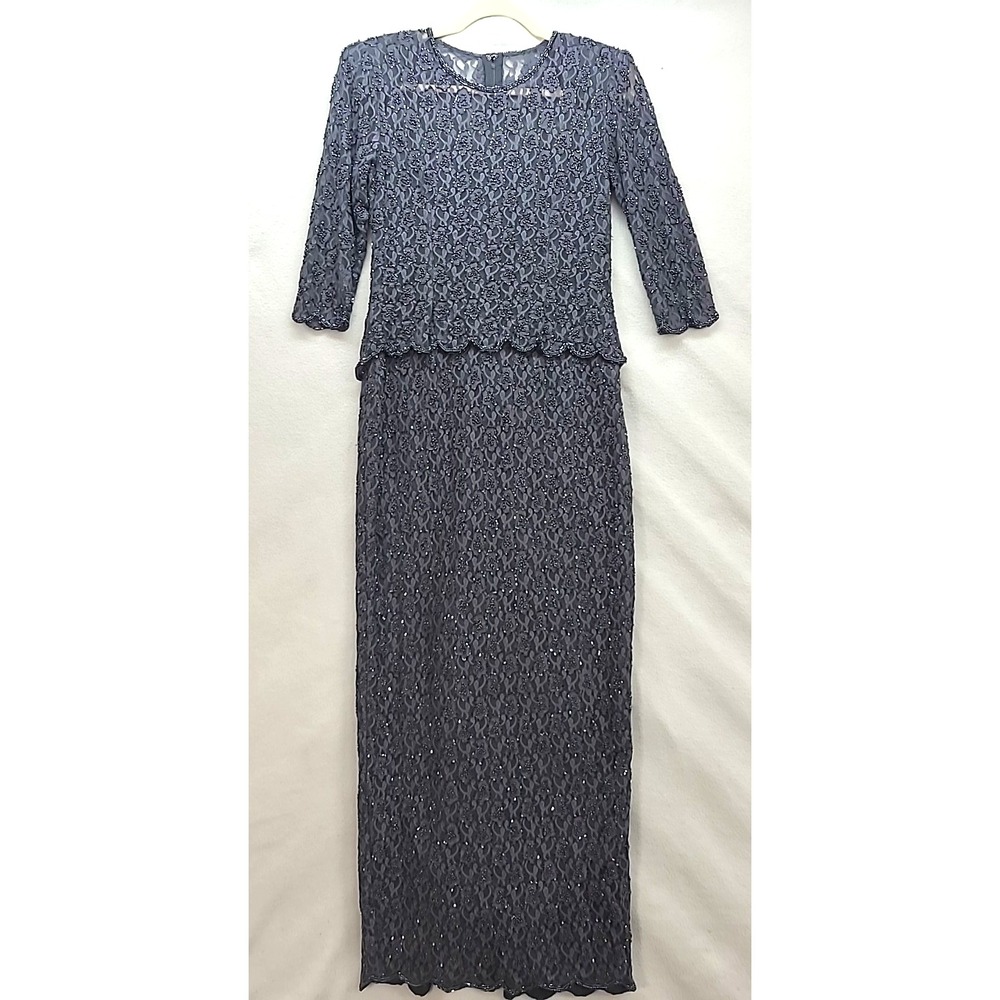 Sténay Beaded Grey Lace Gown Mother Of the Bride Cocktail Elegant Faux 2 piece